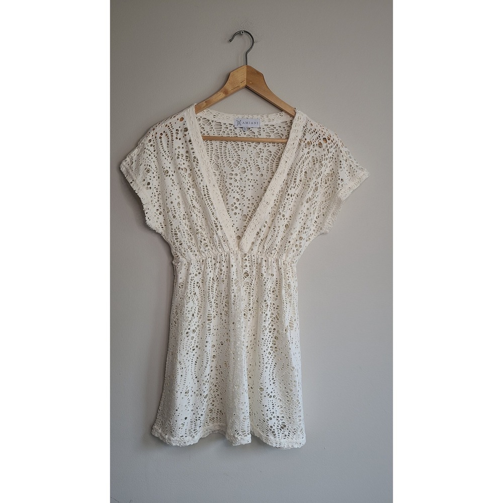 Amiani Ivory Crochet Lace Swim Cover Up Dress V-Neck Empire Waist Cream Medium